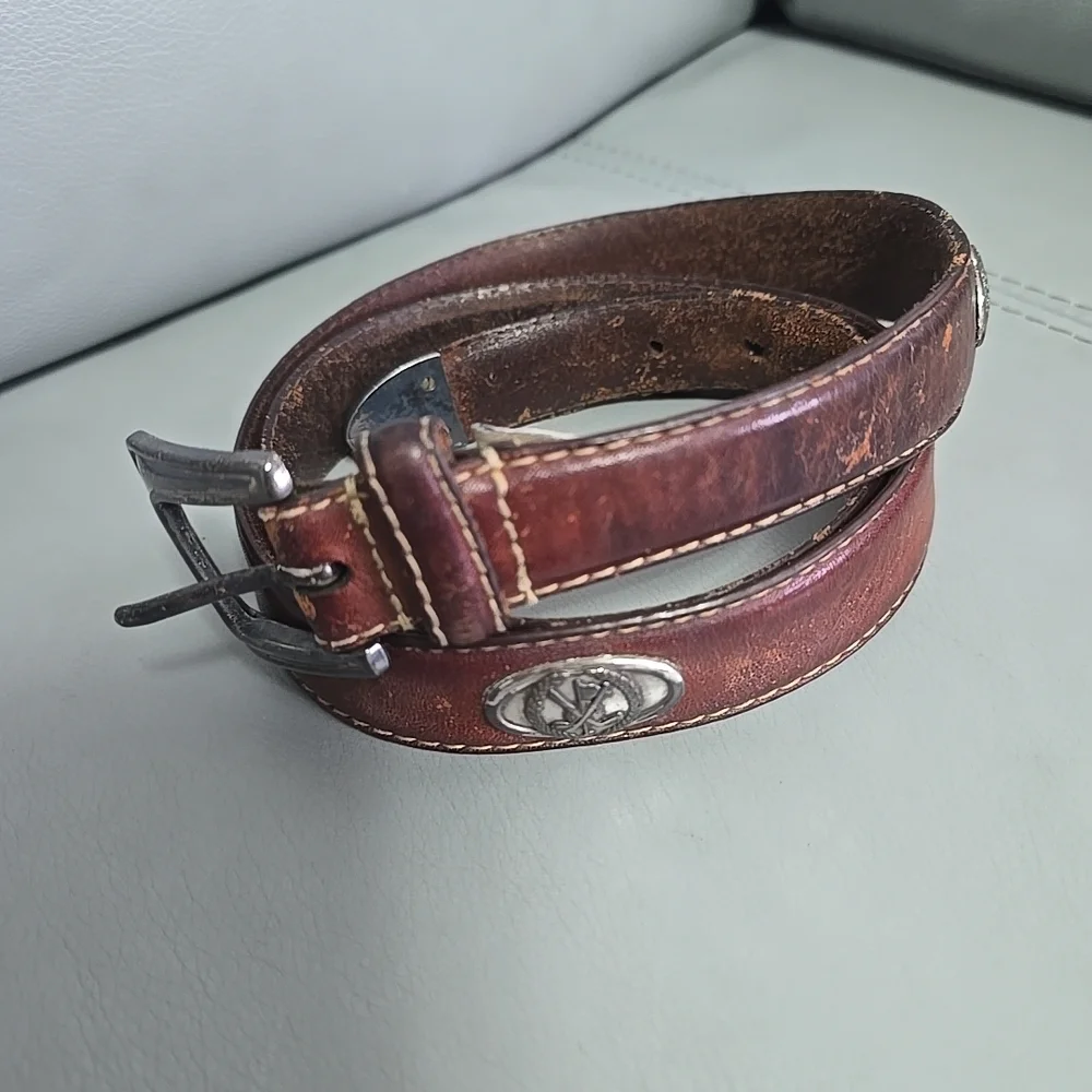 Vintage Fossil Italian Full Grain Cowhide Brown Leather Golf Medallion Belt 36